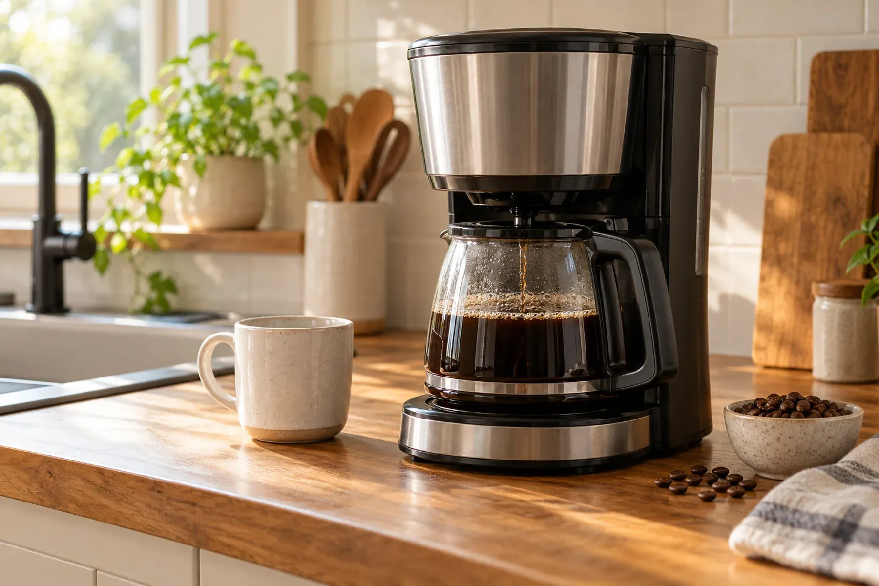 An automatic drip coffee maker brewing into a glass carafe in a warm home kitchen